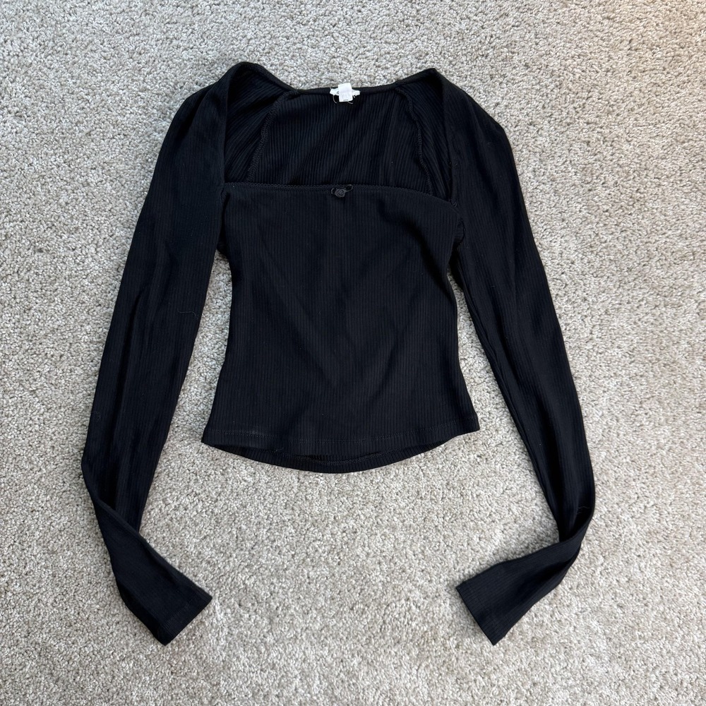Garage Shirt Womens XS Black Square Neck Long Sleeve Ribbed Stretch Knit Top